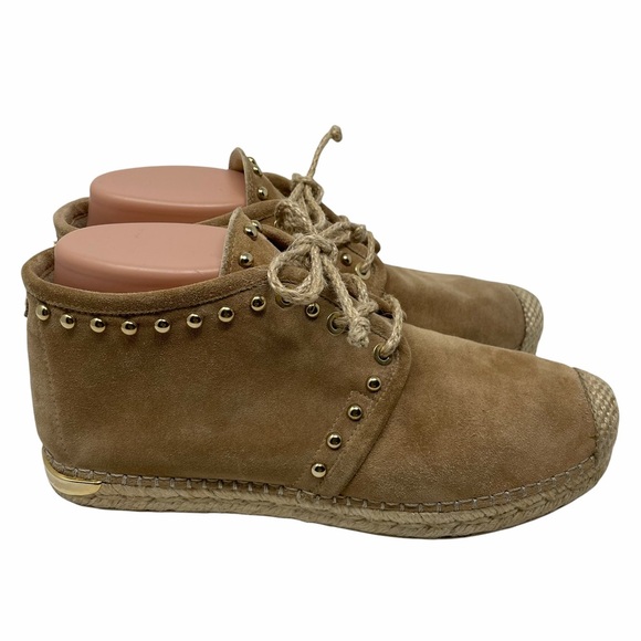 Stuart Weitzman - Beige Suede Lace-Up High Top Espadrilles W/ Gold Studs Sz 7M - Picture 2 of 16